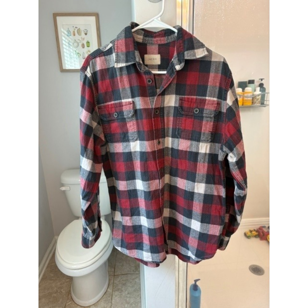 Jachs NY Mens Red Navy White Plaid Flannel Button Down Shirt Size Medium